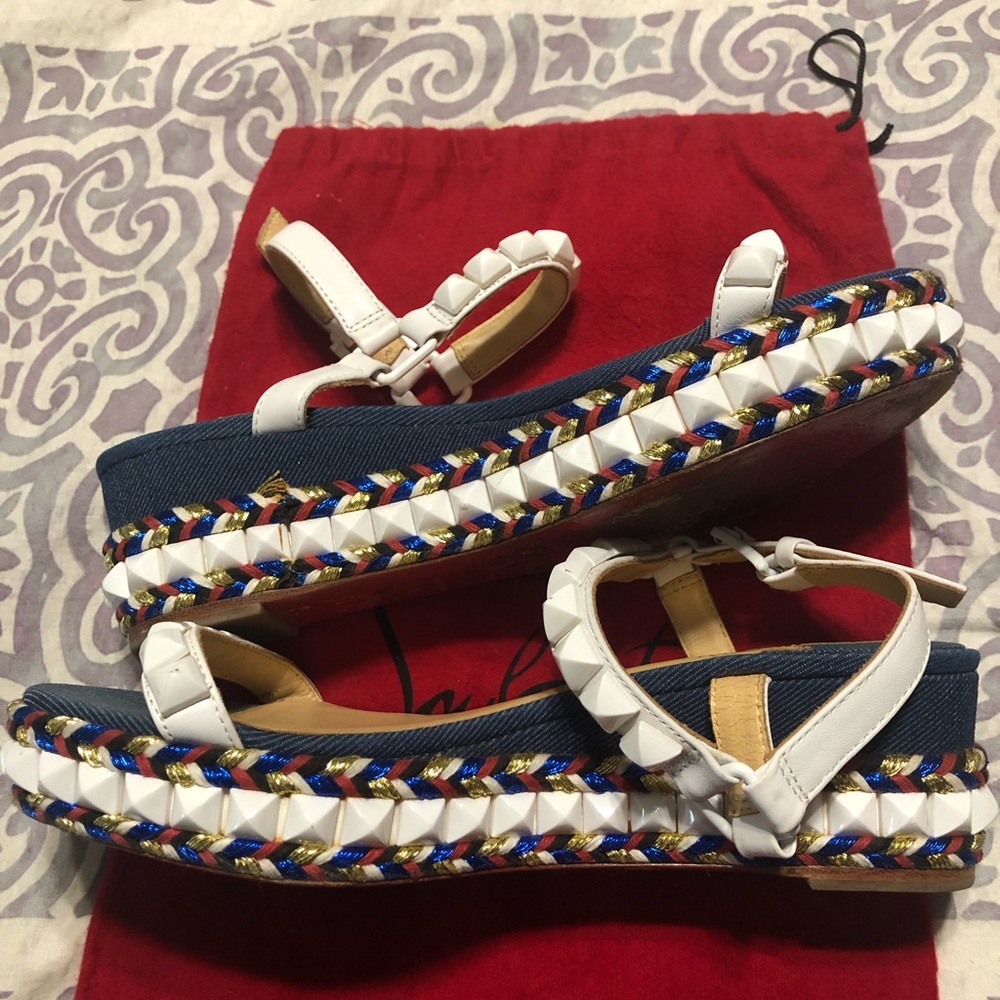 Christian Louboutin Blue Cataclou Embroidery Denim Studded Espadrille Sandals